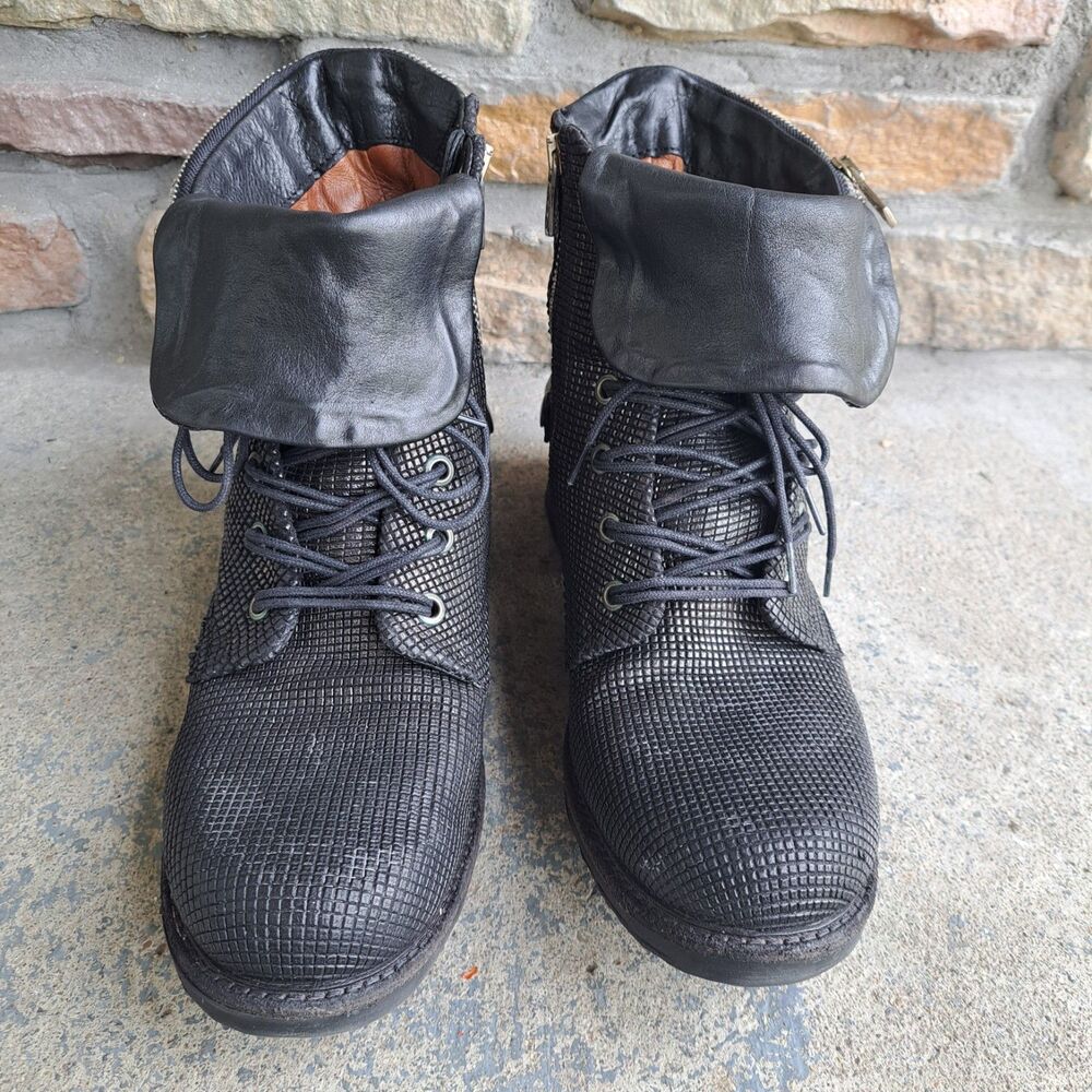 A.S. 98 Black Metallic Venezia Leather Ankle Boot Lace Up & Zip Sz 40 Moto Punk - Picture 3 of 16